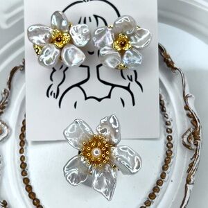 Handmade Freshwater Blue Keshi Pearl Flower 🌺 Earrings Ring Gold Plated HQ